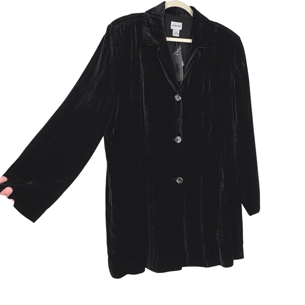 Chico's Alexandria Velvet Jacket Black Silk Blend Button Front Size 3 XL